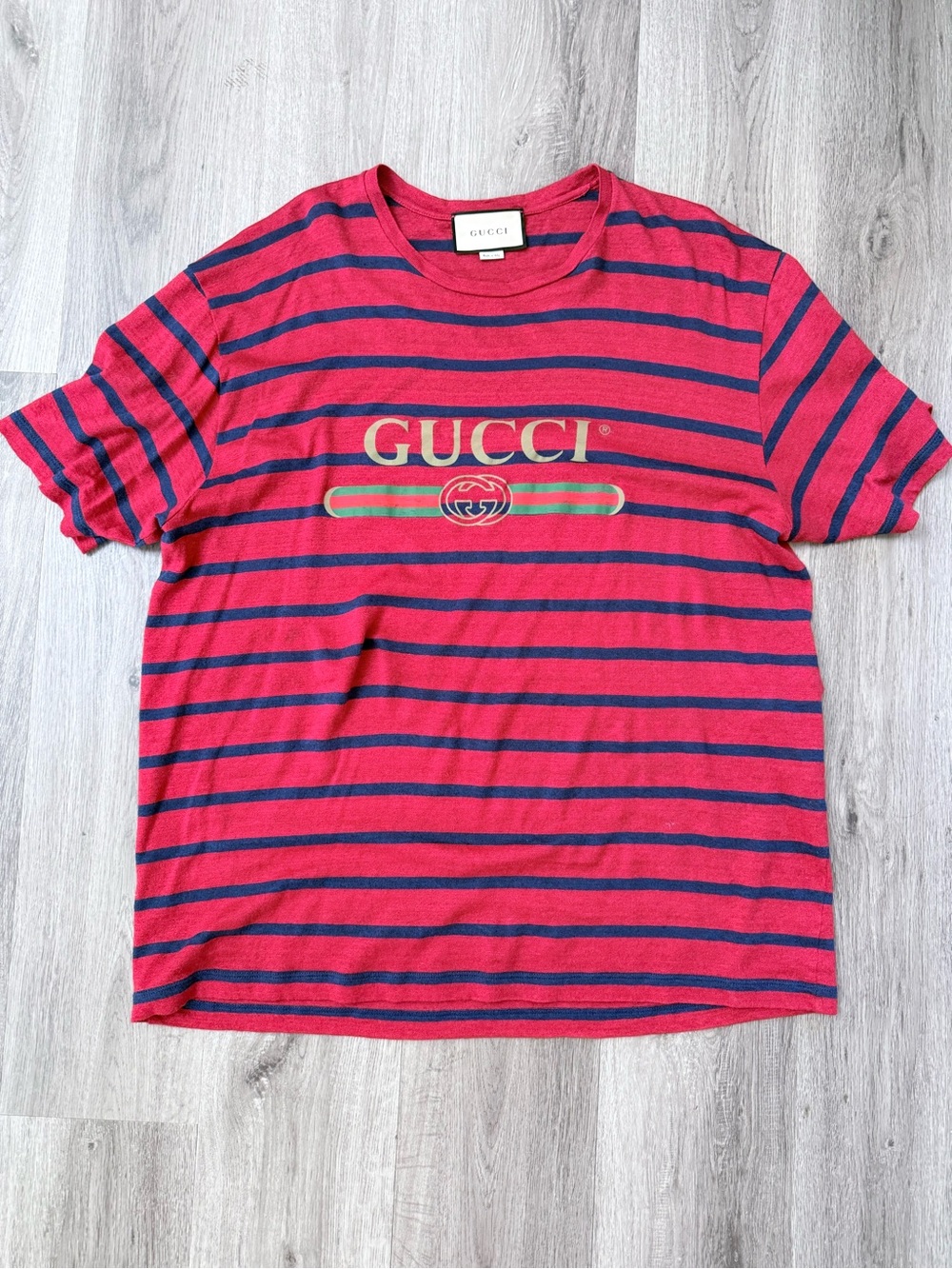 Gucci Red Tee with Navy Stripes and Gold Logo